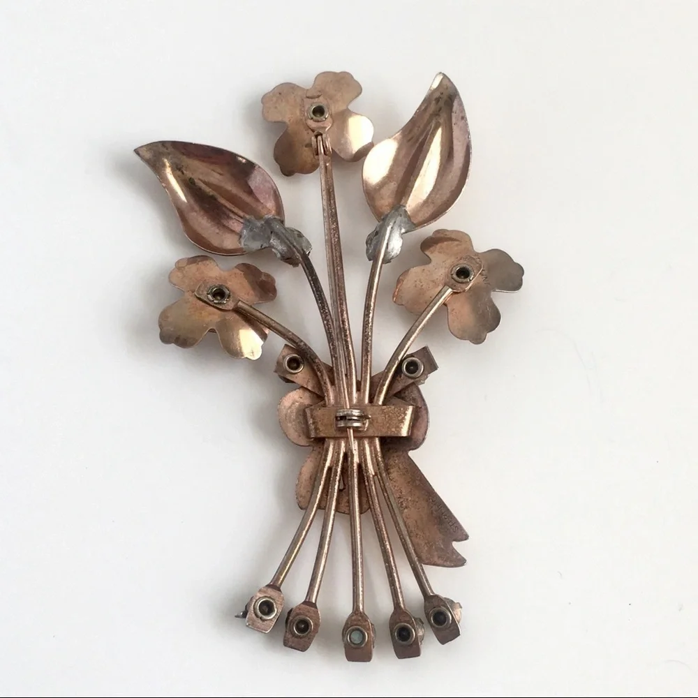 Art Deco Gold Vermeil Brooch‎ Sterling Silver Flower Spray Pin Floral Rhinestone